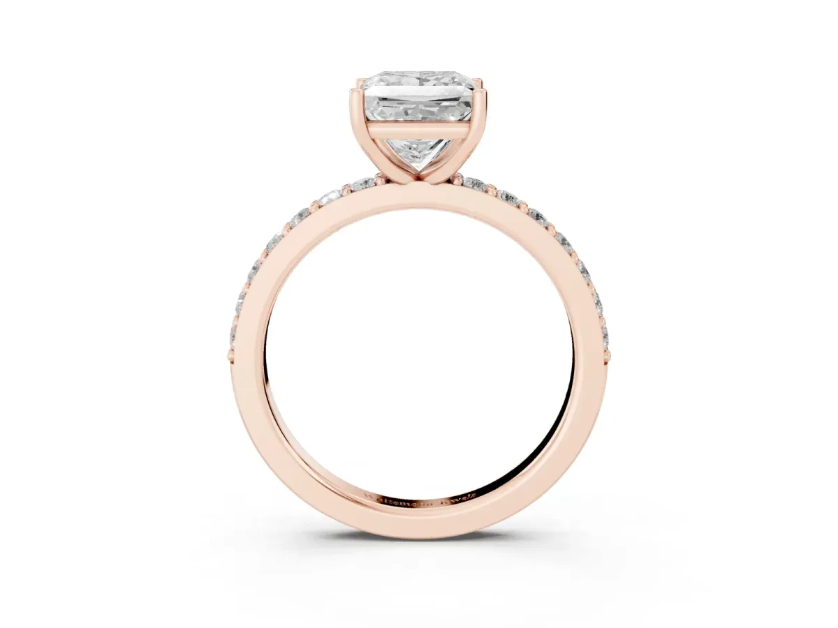 Princess Cut Cut Diamond Solitaire with Pave Band and Four-Prong Setting Rose gold
