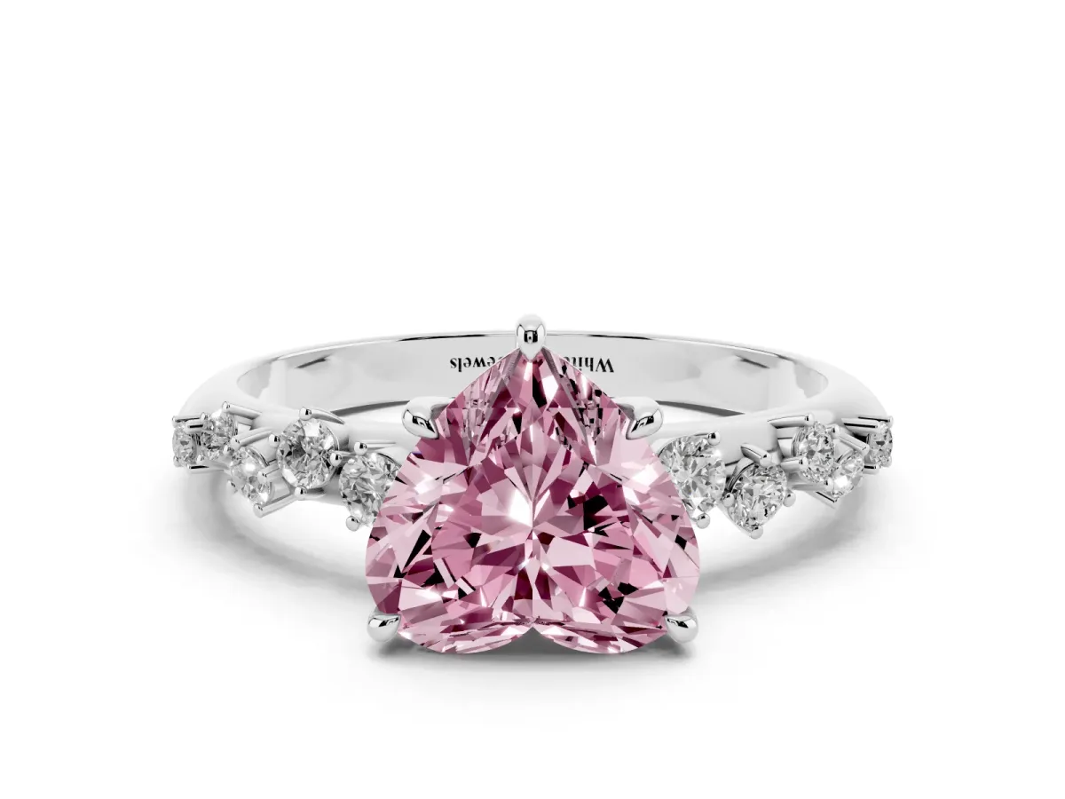 Fancy Pink Heart Cut Diamond Cluster Side Stone Solitaire Ring with Prong Setting Silver
