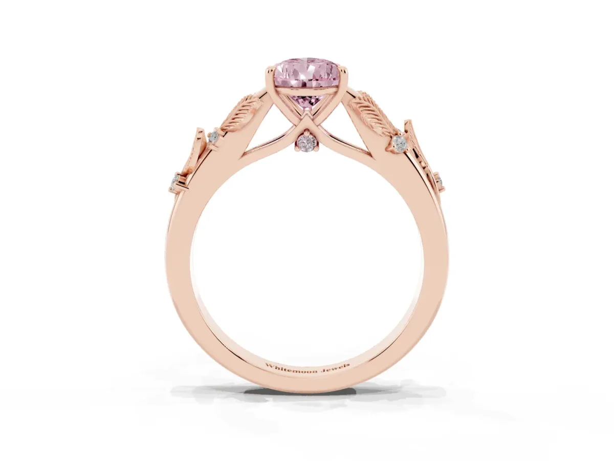 Fancy Pink Pear Cut Diamond Solitaire Ring with Leaf Motif Band and Four-Prong Setting Rose gold