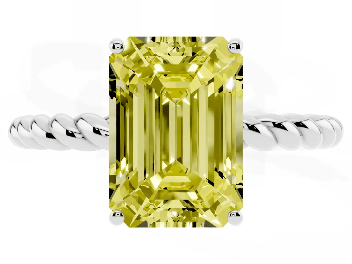 Fancy Yellow Emerald Cut Solitaire Twist Band Ring with Four-Prong Setting Platinum