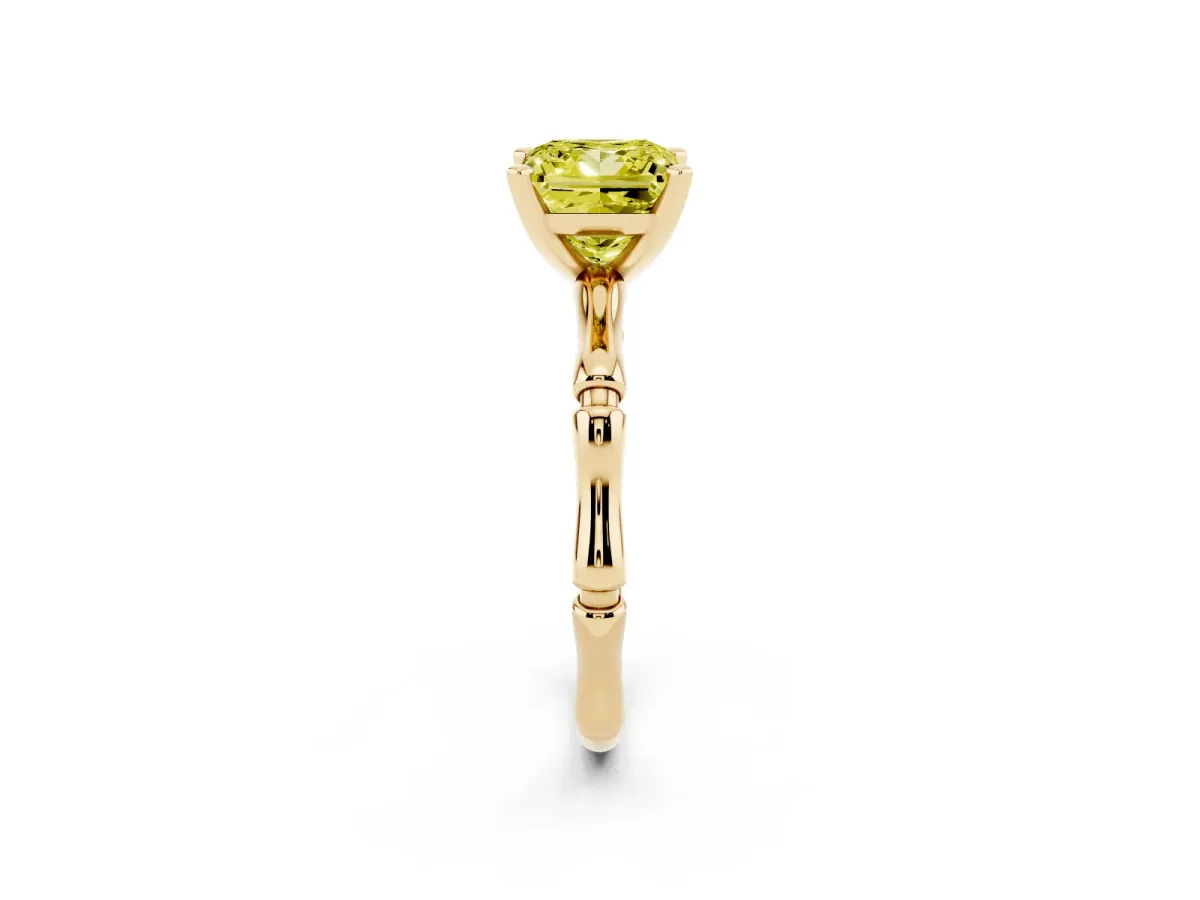Fancy Yellow Princess Cut Solitaire Diamond Ring with Bamboo Band and Four-Prong Setting Yellow gold