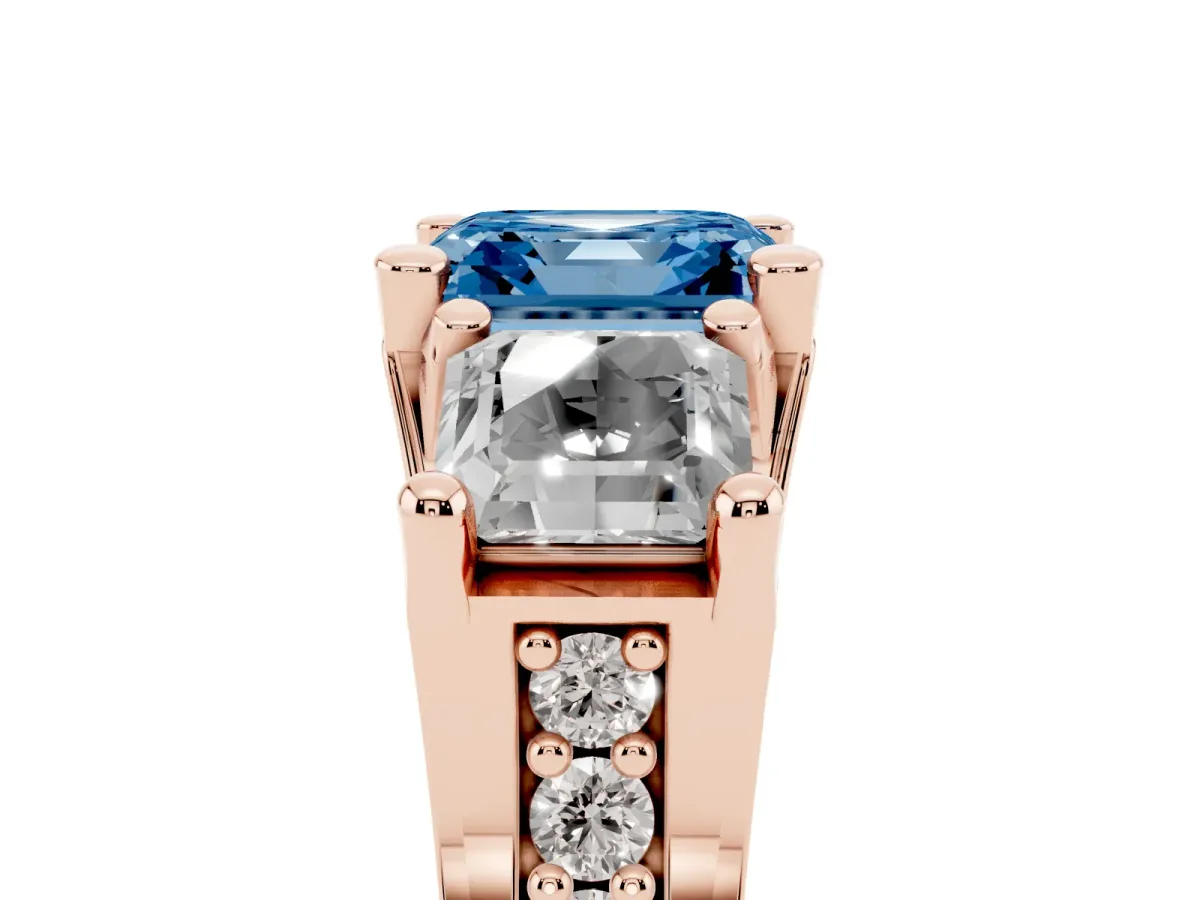 Fancy Blue Asscher Cut Diamond Three-Stone Ring with Channel Set Band and Four-Prong Setting Rose gold