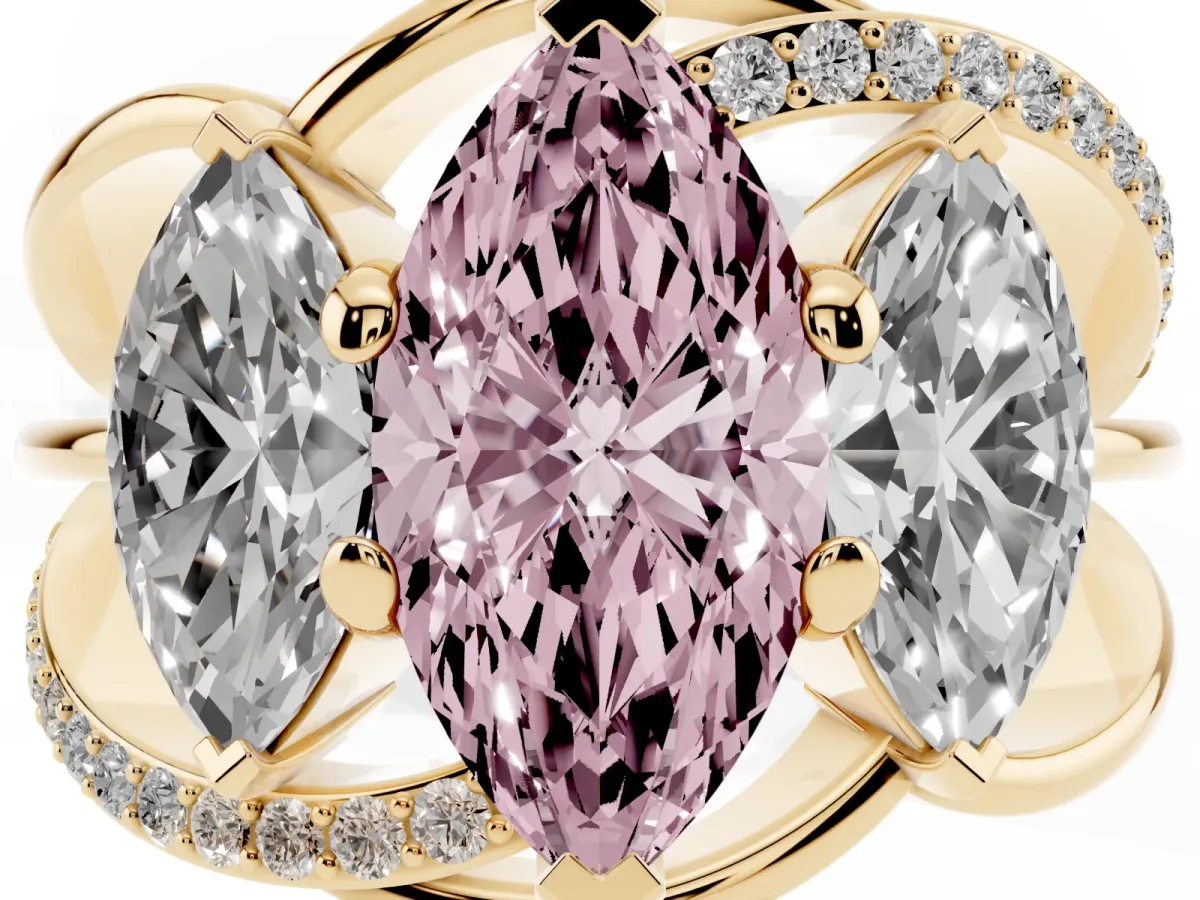 Fancy Pink Three-Stone Marquise Cut Cut Diamond Split Shank Prong Set Ring Yellow gold