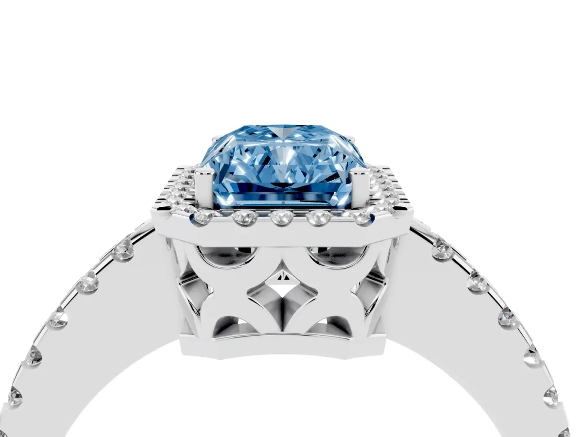 Fancy Blue Radiant Cut Diamond Halo Engagement Ring with Pavé Band and Prong Setting Platinum