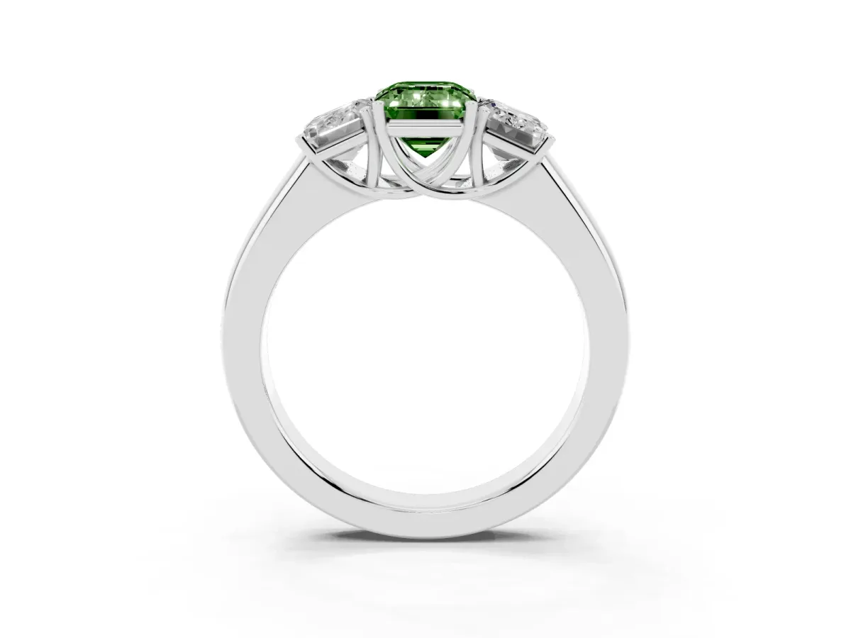 Fancy Green Three-Stone Emerald Cut Cut Diamond Ring with Prong Setting and Classic Band Silver