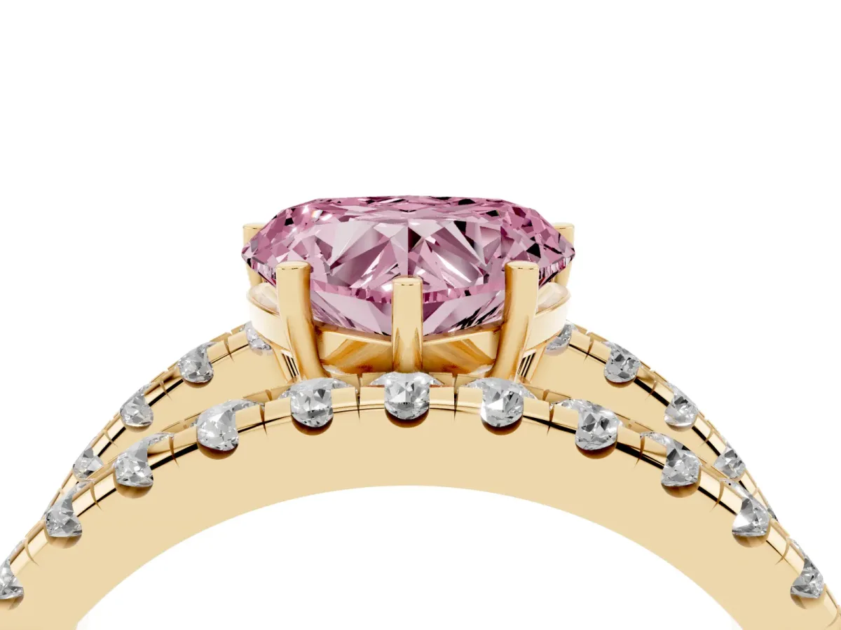Fancy Pink Heart Cut Solitaire Split Shank Pave Diamond Ring Yellow gold