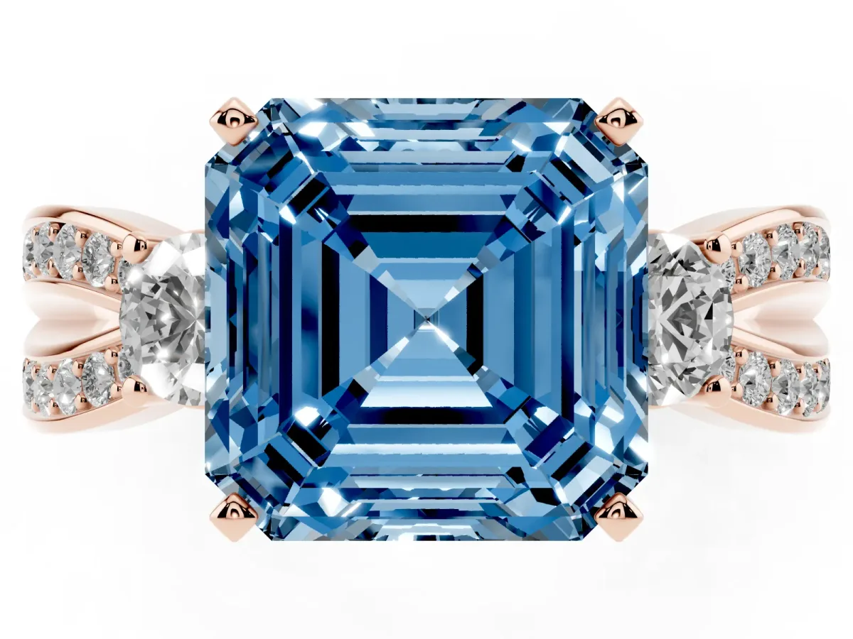 Fancy Blue Three-Stone Asscher Cut Cut Diamond Twist Band with Prong Setting Rose gold