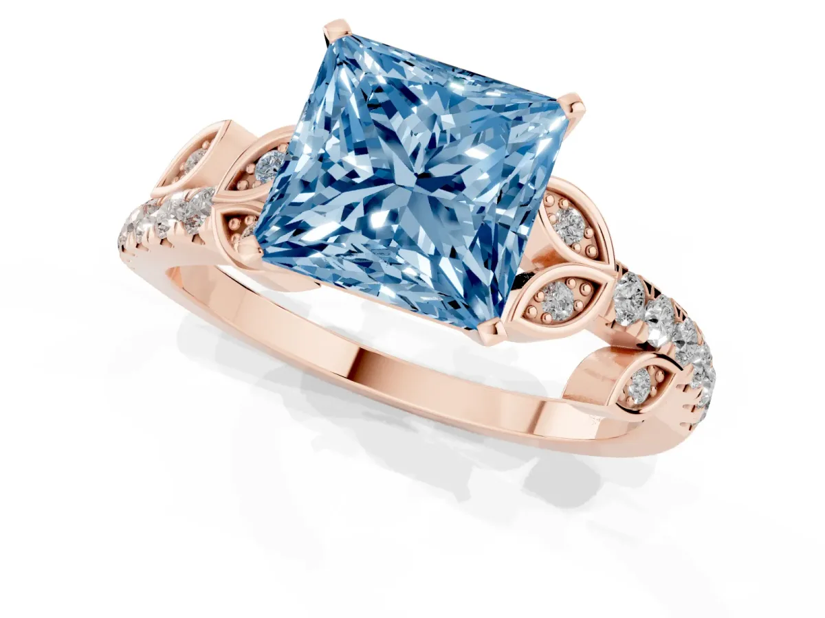 Fancy Blue Princess Cut Solitaire Leaf-Inspired Diamond Ring with Pavé Band and Four-Prong Setting Rose gold