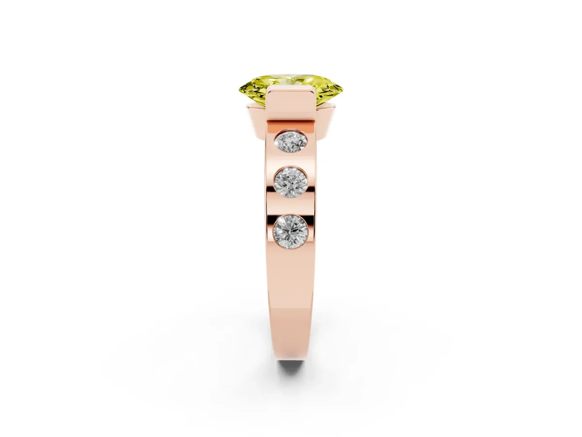 Fancy Yellow Oval Cut Brilliant Channel-Set Diamond Ring with Bezel Prong Setting Rose gold