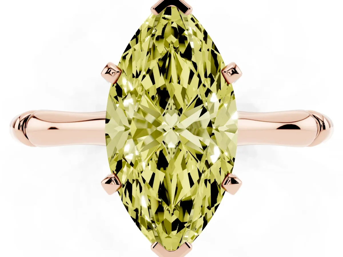 Fancy Yellow Marquise Cut Solitaire Diamond Ring with Bamboo Band and Four-Prong Setting Rose gold