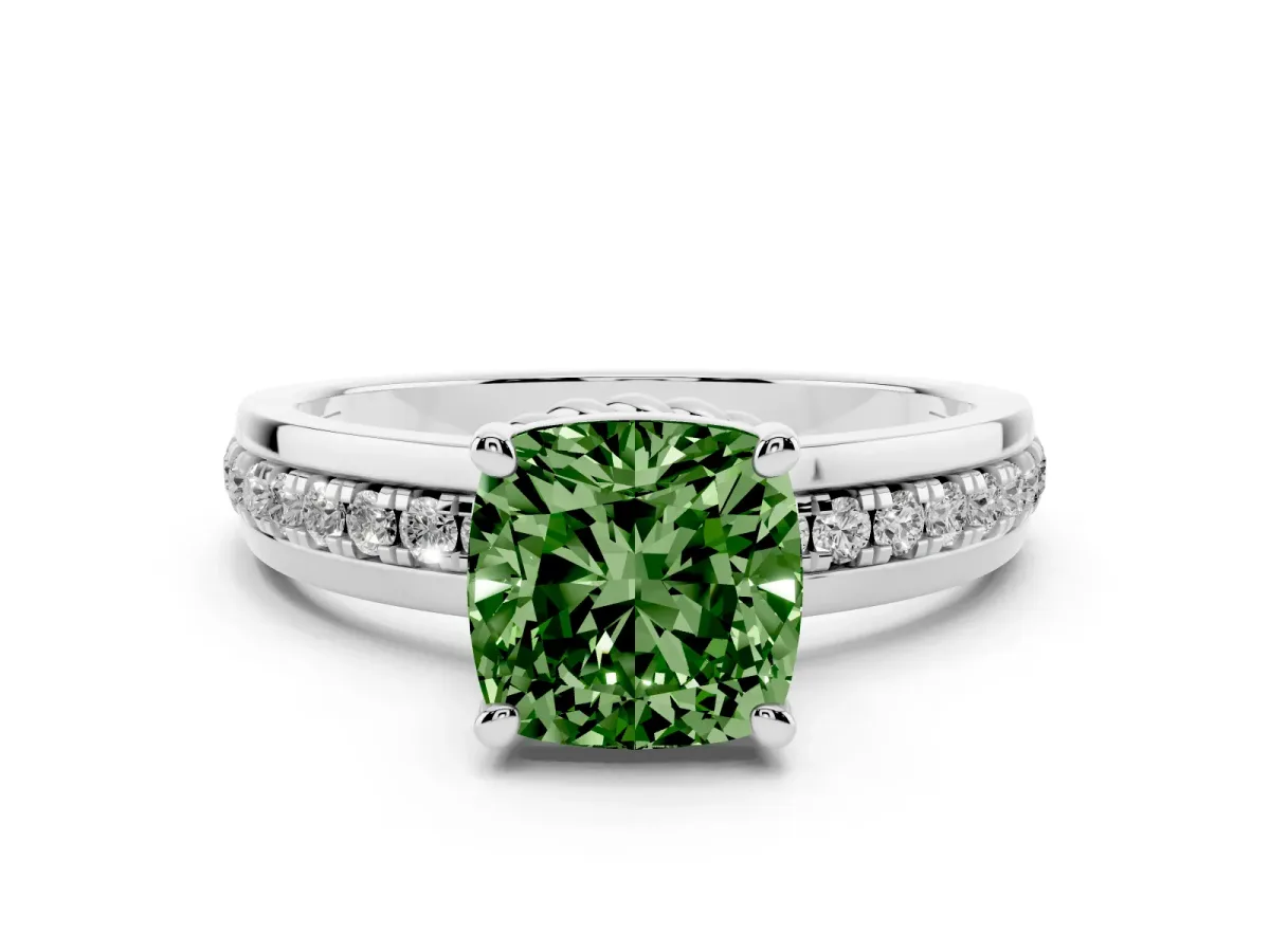 Fancy Green Cushion Cut Solitaire Diamond Ring with Channel Set Band and Six-Prong Setting Silver