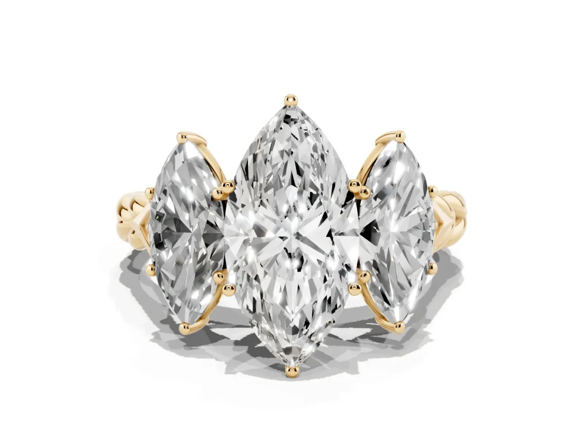 Three-Stone Marquise Cut Diamond Braided Band Ring with Four-Prong Setting Yellow gold