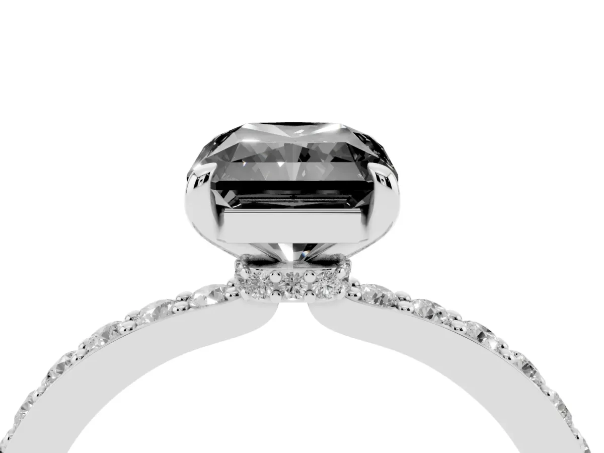 Fancy Black Radiant Cut Diamond Pavé Engagement Ring with Round Accents and Prong Setting Silver