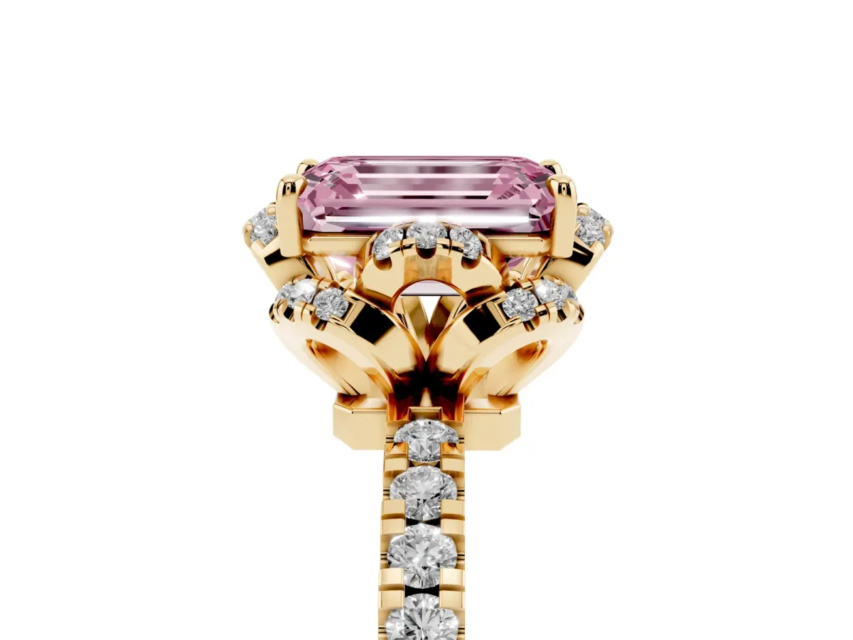 Fancy Pink Emerald Cut Diamond Halo Pave Band with Four-Prong Setting Yellow gold