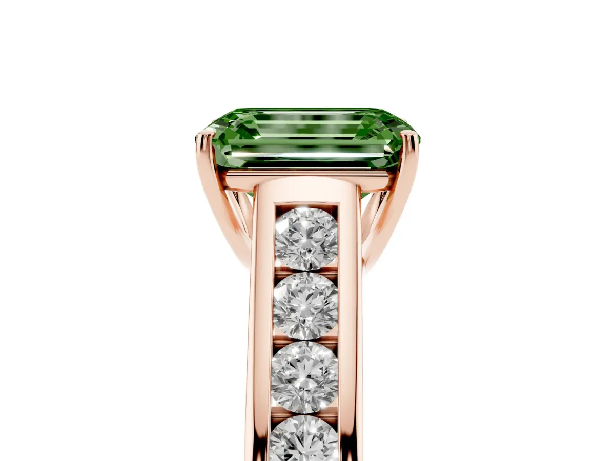 Fancy Green Emerald Cut Brilliant Channel-Set Solitaire Ring with Four-Prong Setting Rose gold