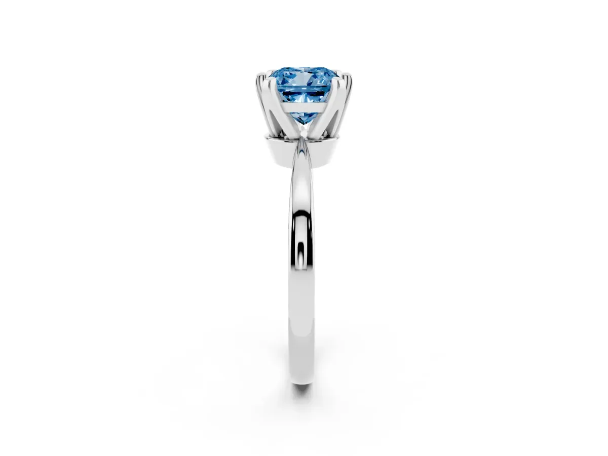 Fancy Blue Cushion Cut Solitaire Engagement Ring with Six-Prong Setting and Tapered Band White gold