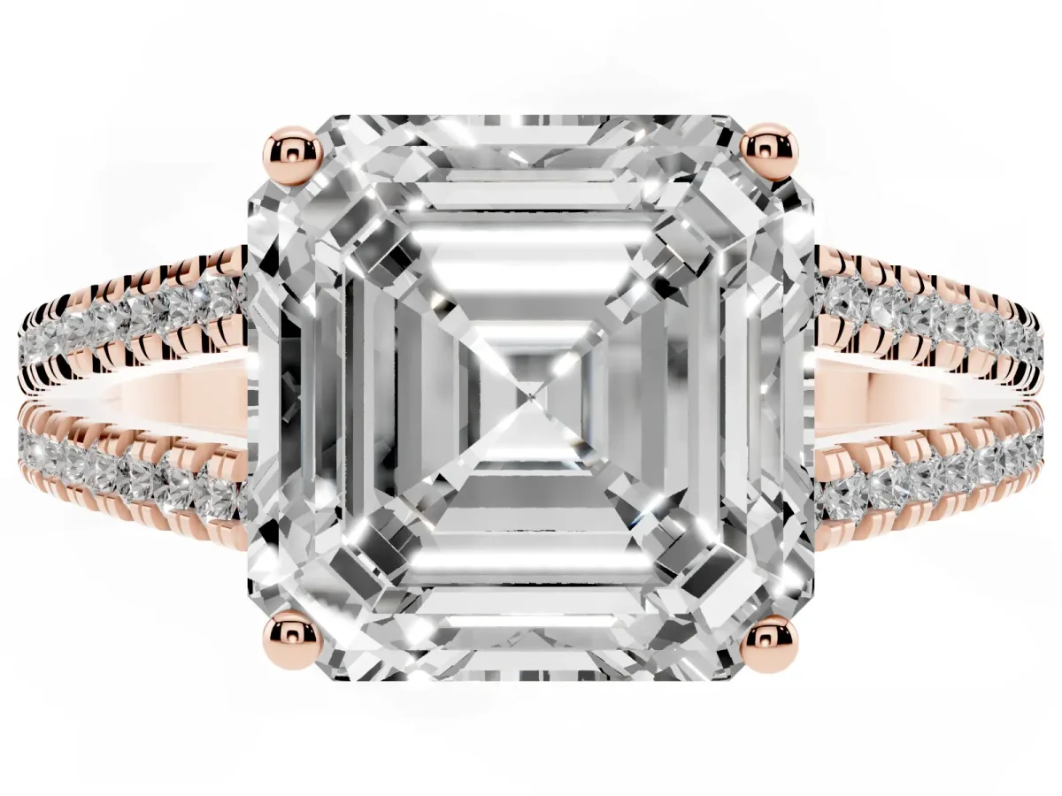 Asscher Cut Diamond Solitaire Engagement Ring with Split Shank Pavé Band Rose gold
