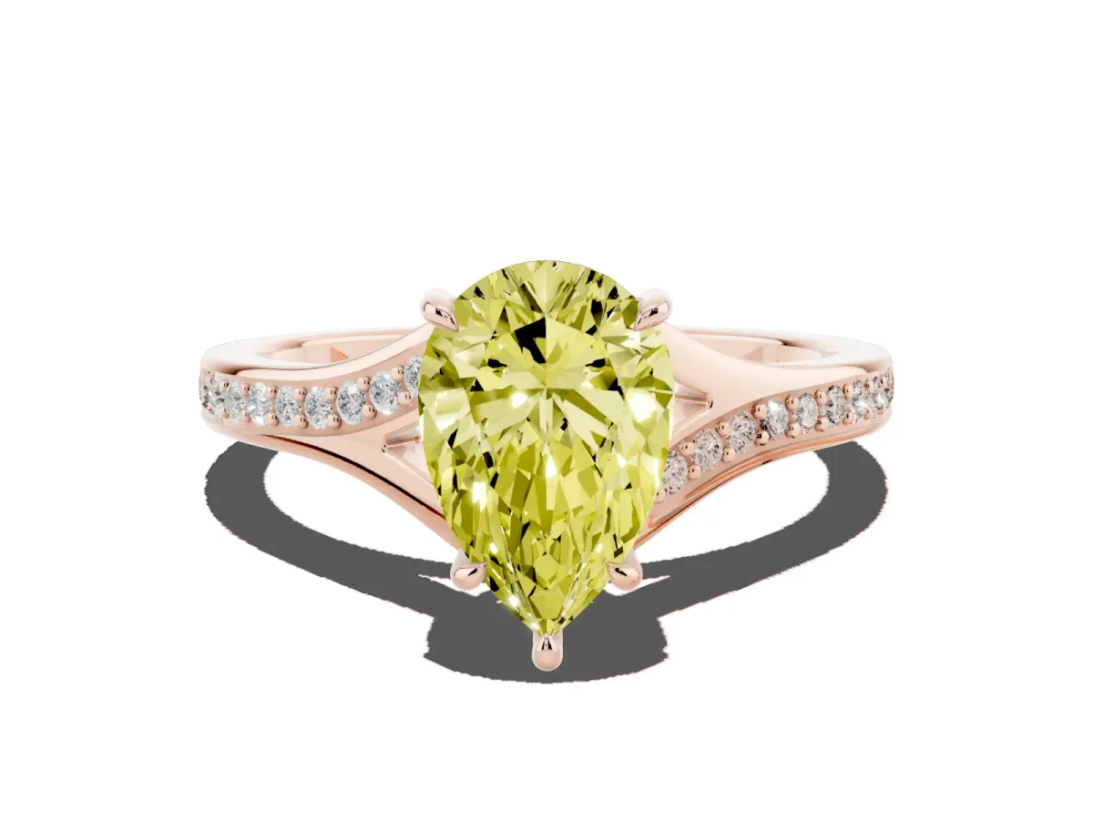 Fancy Yellow Pear Cut Diamond Solitaire Ring with Pavé Band and Prong Setting Rose gold