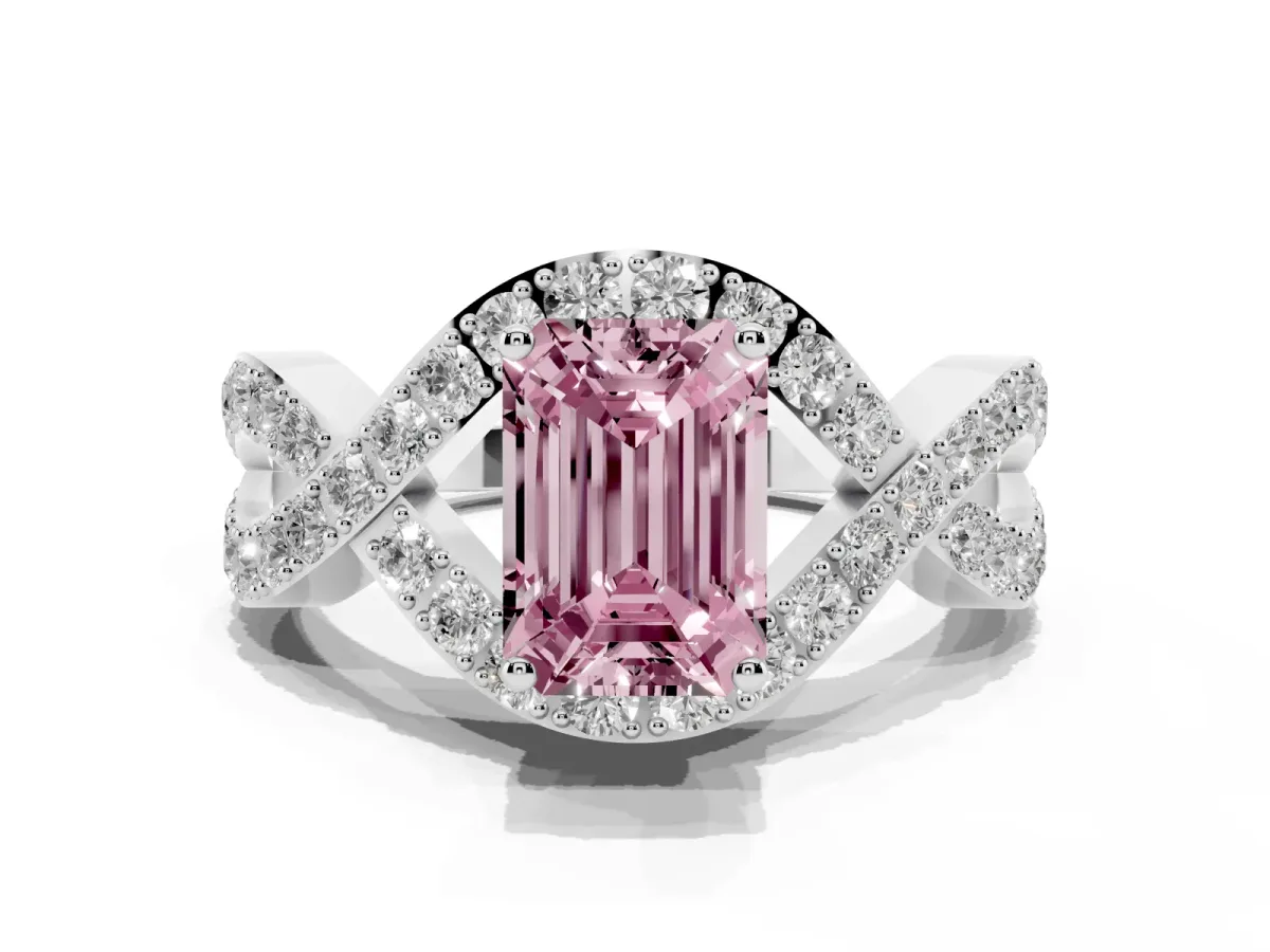 Fancy Pink Emerald Cut Solitaire Twist Band Pavé Diamond Engagement Ring Silver