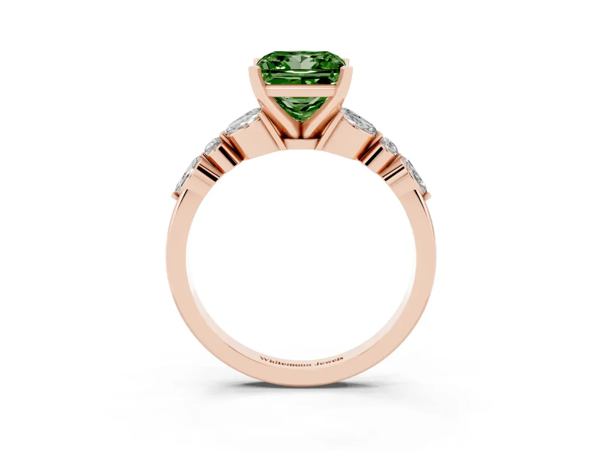 Fancy Green Princess Cut Diamond Solitaire Ring with Side Stones and Four-Prong Setting Rose gold