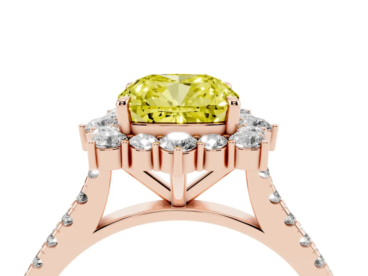 Fancy Yellow Cushion Cut Halo Diamond Ring with Pavé Band and Prong Setting Rose gold
