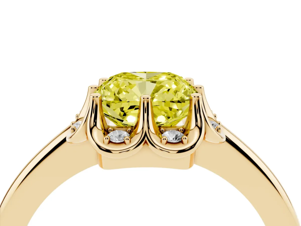 Fancy Yellow Cushion Cut Halo Diamond Ring with Round Cluster Setting, Solitaire Band, and Four-Prong Setting Yellow gold