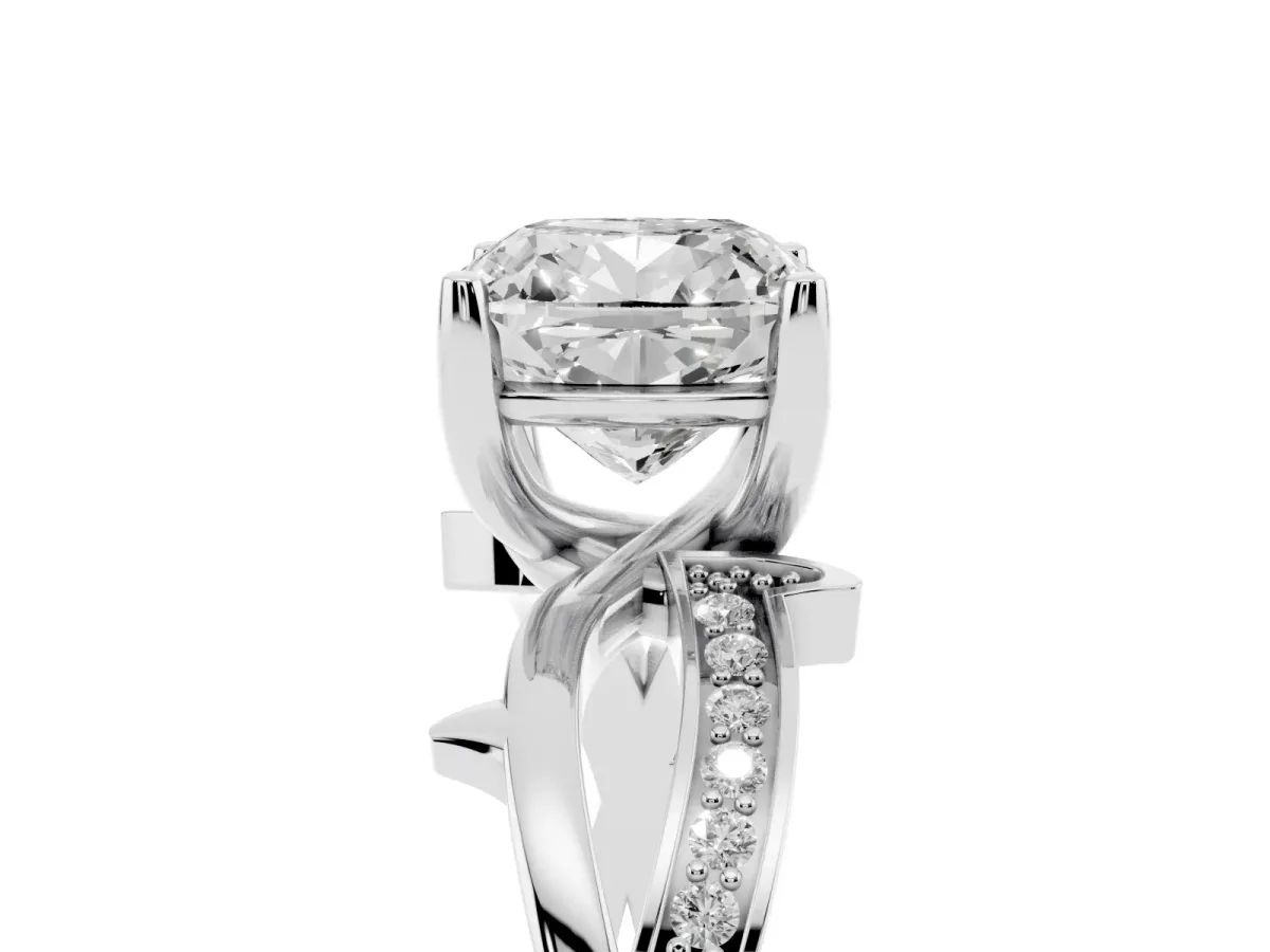 Cushion Cut Solitaire Twist Band with Pavé Accents and Four-Prong Setting White gold