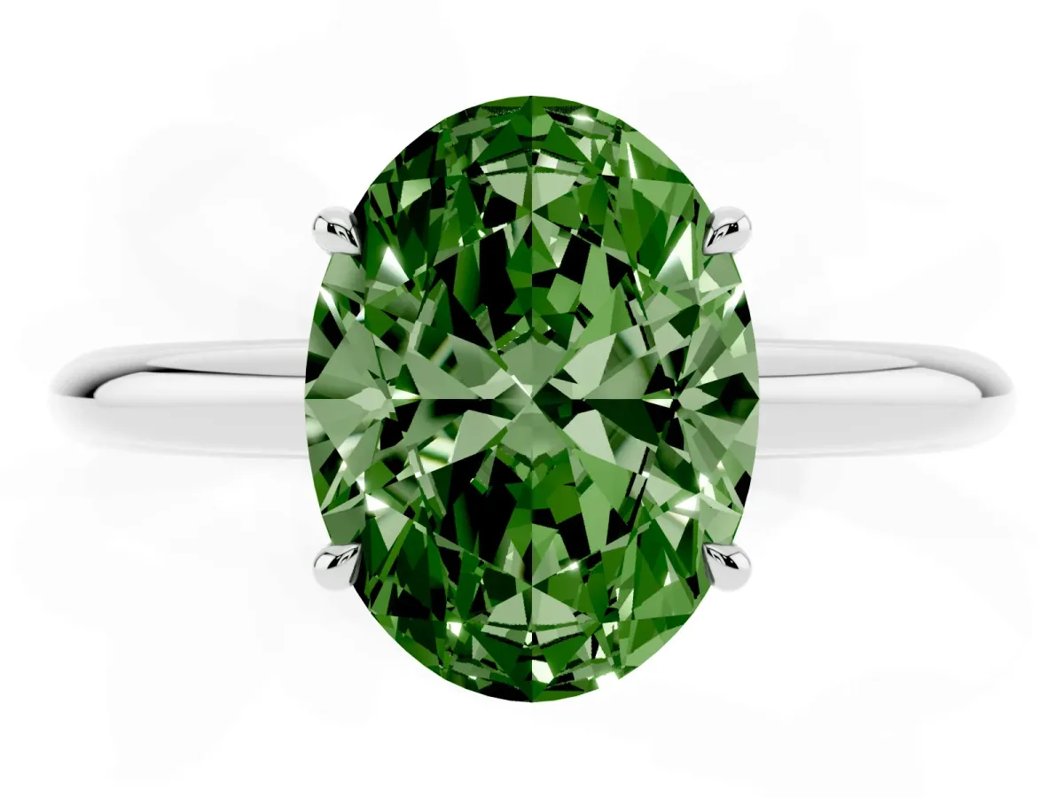 Fancy Green Oval Cut Brilliant Solitaire Engagement Ring with Six-Prong Setting and Classic Band Silver