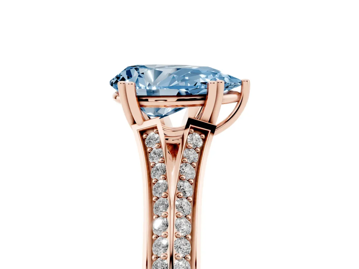 Fancy Blue Pear Cut Diamond Split Shank Engagement Ring with Pavé Band Rose gold