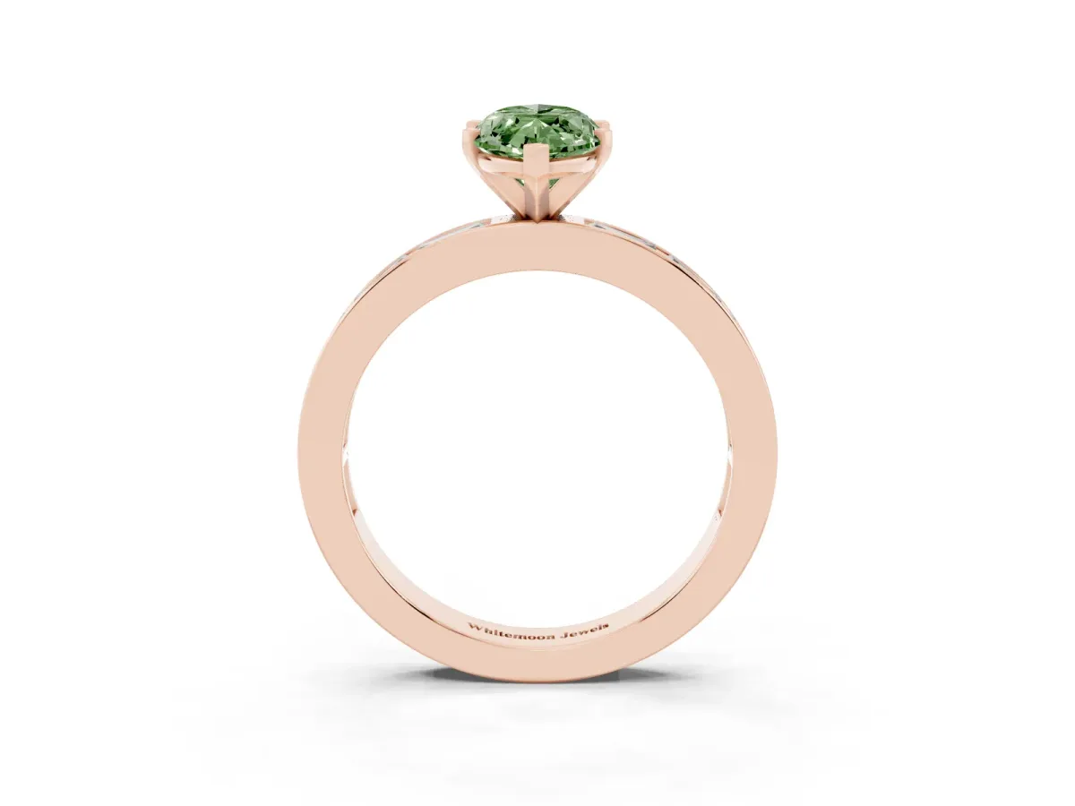 Fancy Green Marquise Cut Solitaire Diamond Ring with Channel-Set Baguette Band and Four-Prong Setting Rose gold