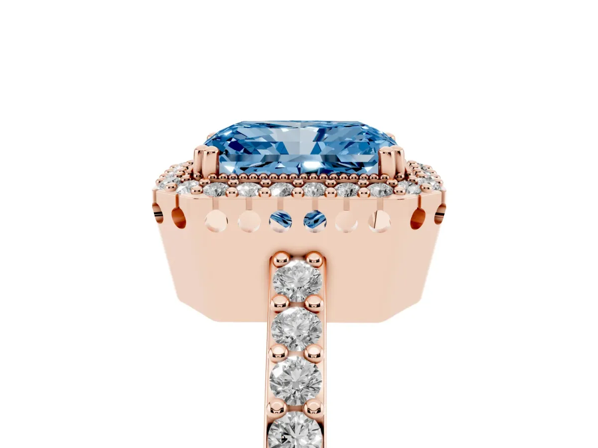 Fancy Blue Radiant Cut Cut Diamond Halo Engagement Ring with Milgrain Detail and Pavé Band Rose gold