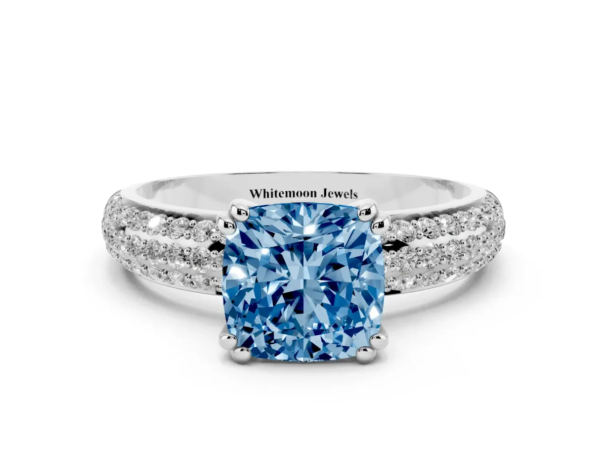 Fancy Blue Cushion Cut Diamond Solitaire Ring with Multi-Row Round Pavé Band and Prong Setting Silver