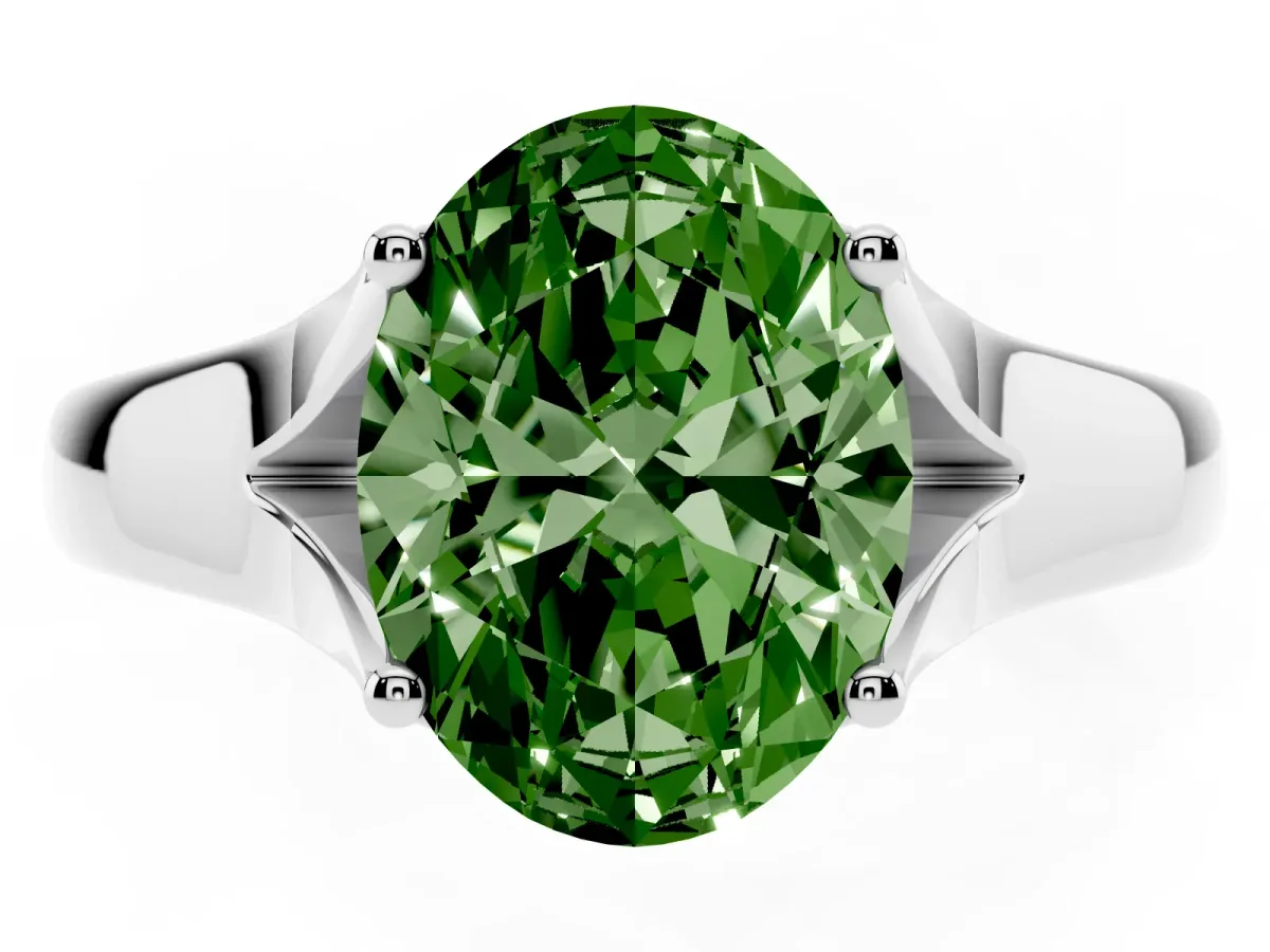 Fancy Green Oval Cut Solitaire Diamond Ring with Cathedral Band and Four-Prong Setting Silver