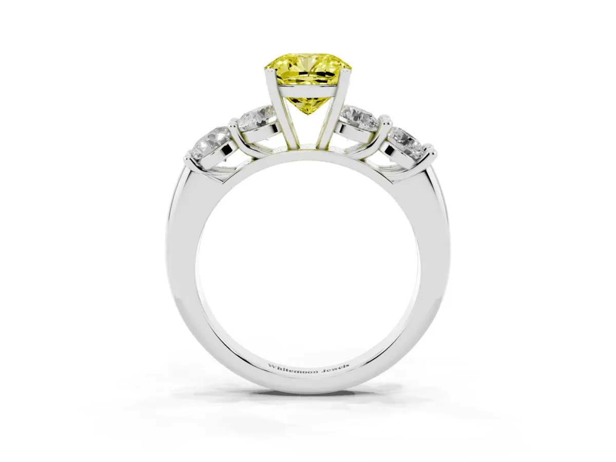 Fancy Yellow Cushion Cut Cut Five-Stone Prong Set Diamond Ring with Classic Band Silver