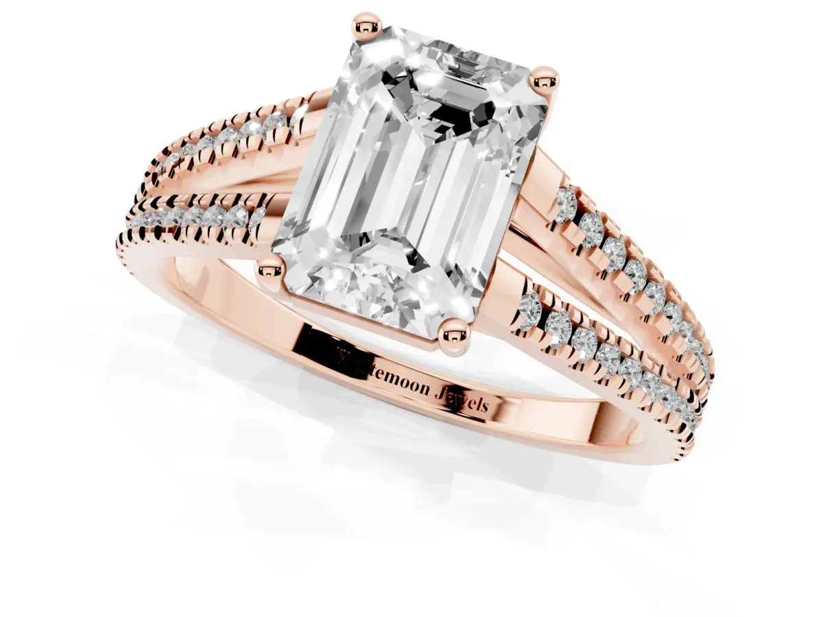 Emerald Cut Diamond Solitaire Engagement Ring with Split Shank Pavé Band Rose gold