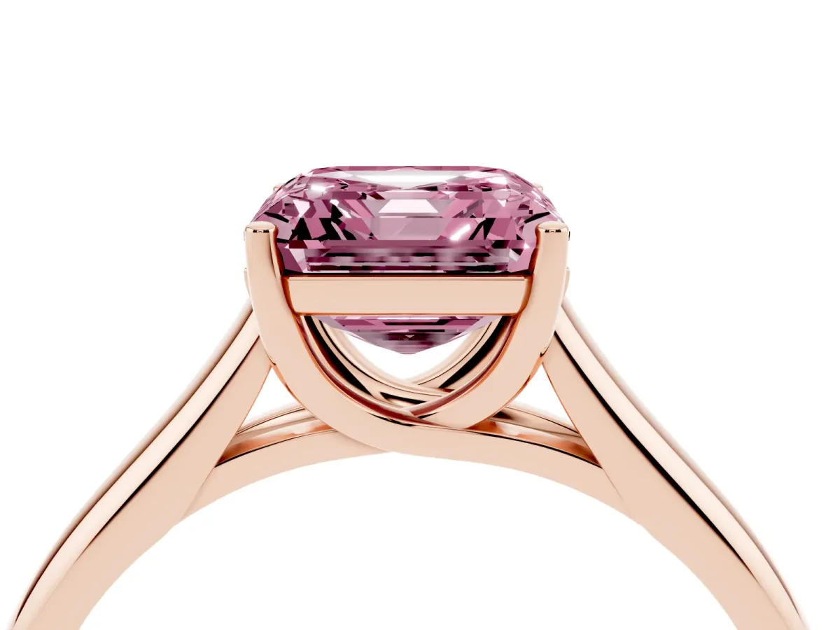 Fancy Pink Asscher Cut Solitaire Engagement Ring with Tapered Band and Four-Prong Setting Rose gold