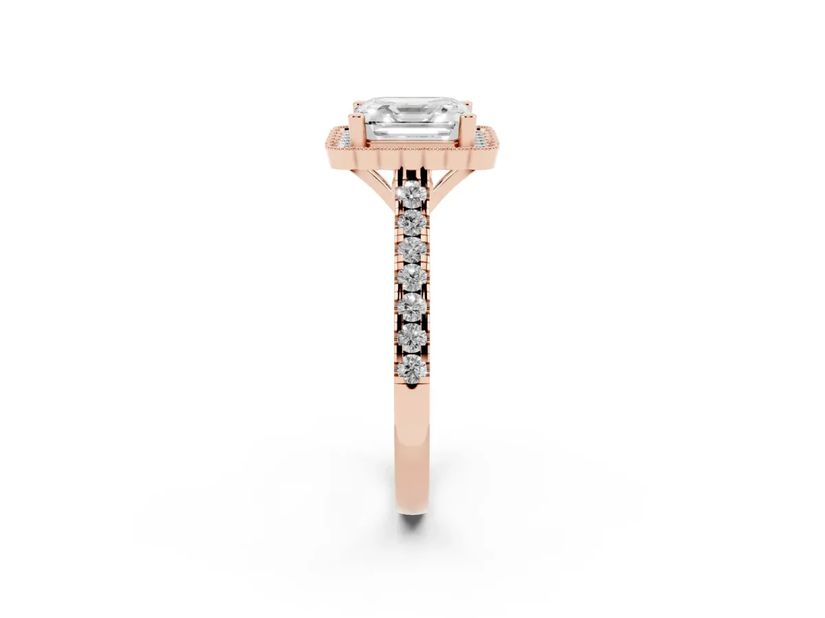 Asscher Cut Cut Diamond Milgrain Floral Halo Engagement Ring with Pavé Band Rose gold