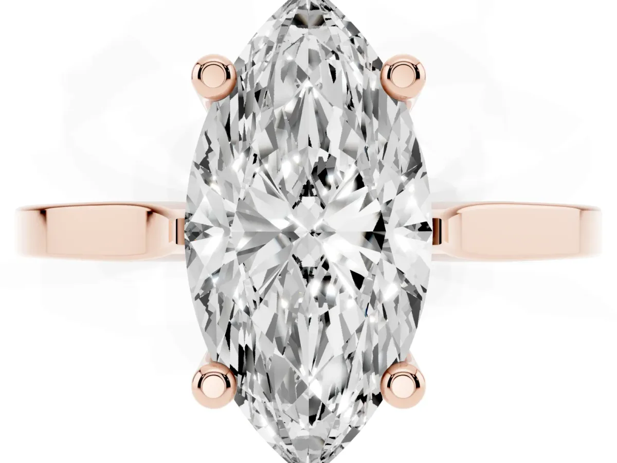 Marquise Cut Solitaire Diamond Ring with Four-Prong Setting and Tapered Band Rose gold