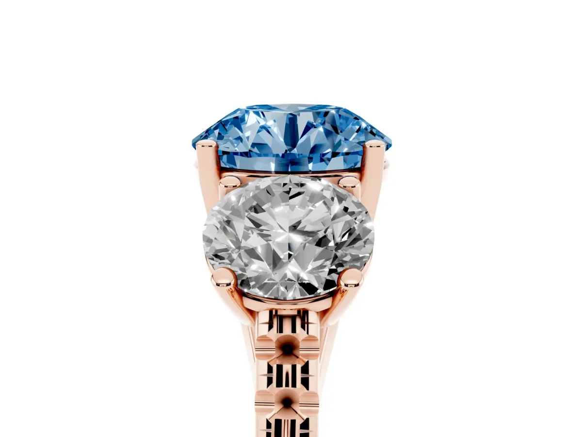 Fancy Blue Three-Stone Round Cut Diamond Ring with Round Pavé Band and Prong Setting Rose gold