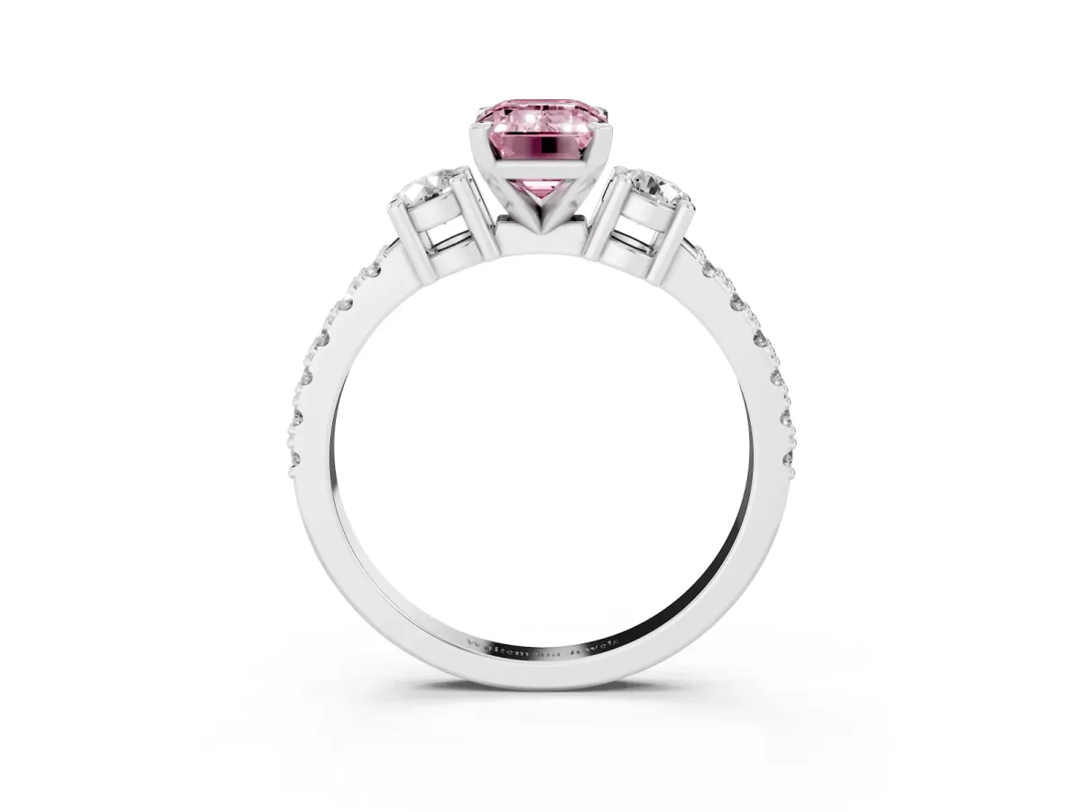 Fancy Pink Emerald Cut Three-Stone Diamond Pavé Band with Prong Setting Platinum