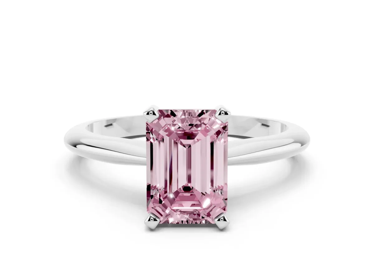 Fancy Pink Emerald Cut Cut Solitaire Ring with Four-Prong Setting on a Classic Band White gold