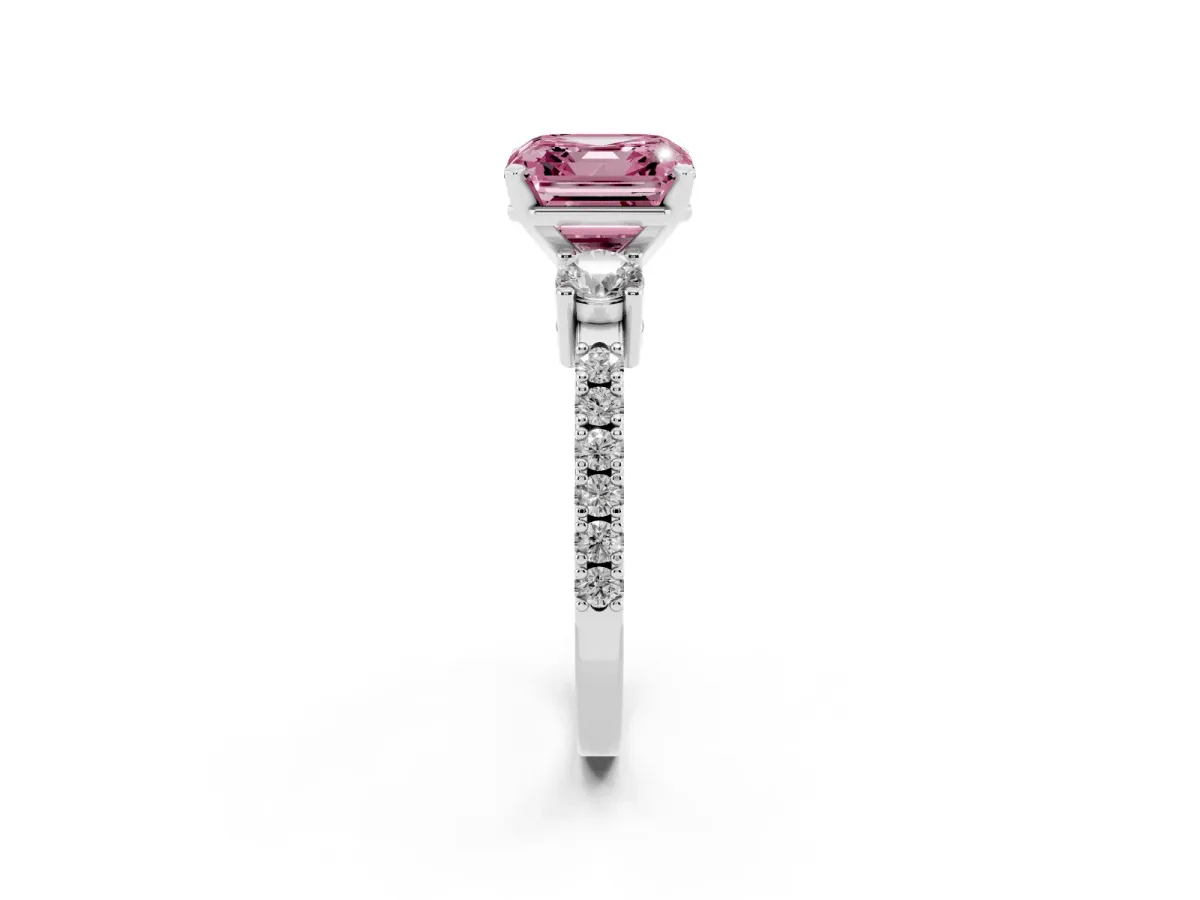 Fancy Pink Asscher Cut Three-Stone Diamond Pavé Band with Prong Setting Silver
