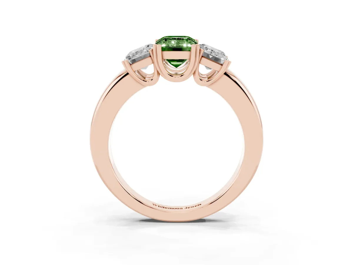 Fancy Green Three-Stone Emerald Cut Cut Diamond Ring with Channel Set Band and Four-Prong Setting Rose gold