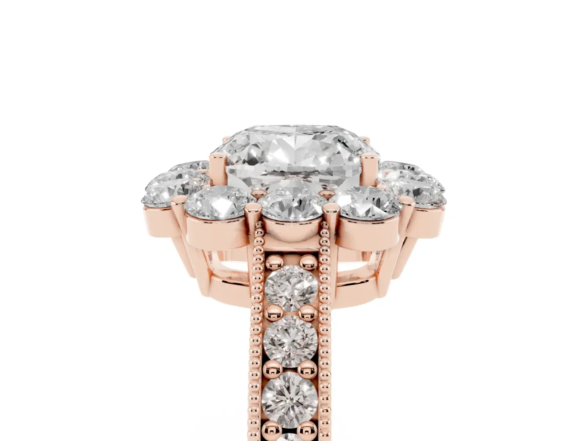 Cushion Cut Cut Halo Diamond Pavé Engagement Ring with Milgrain Detailing Rose gold
