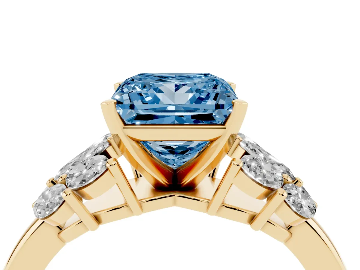 Fancy Blue Princess Cut Diamond Cluster Leaf Design Ring with Prong Setting Yellow gold