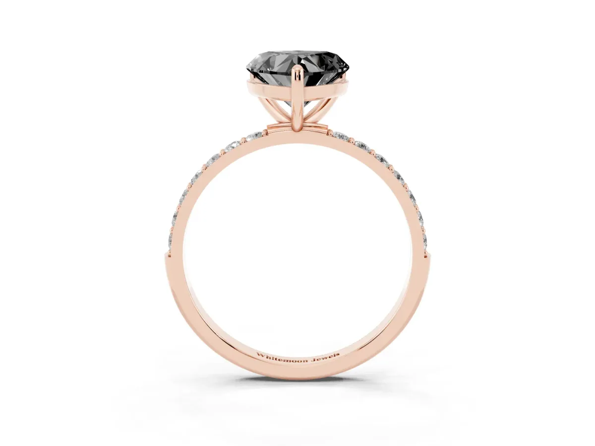 Fancy Black Heart Cut Diamond Solitaire Ring with Round Pavé Band and Prong Setting Rose gold