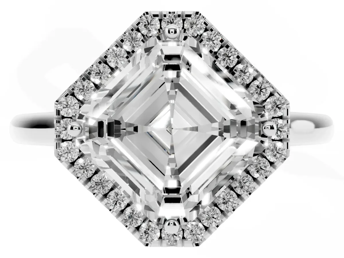 Asscher Cut Halo Round Diamond Solitaire Engagement Ring with Pave Band and Four-Prong Setting Platinum