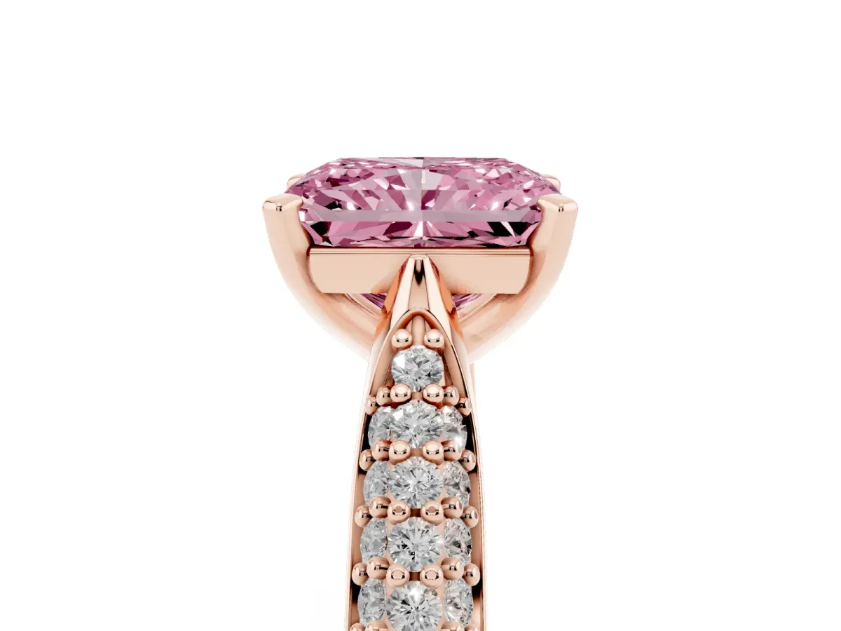 Fancy Pink Radiant Cut Diamond Solitaire Engagement Ring with Multi-Row Round Pavé Band and Prong Setting Rose gold