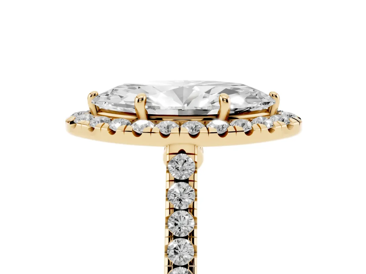 Marquise Cut Halo Pave Diamond Engagement Ring with Four-Prong Setting Yellow gold