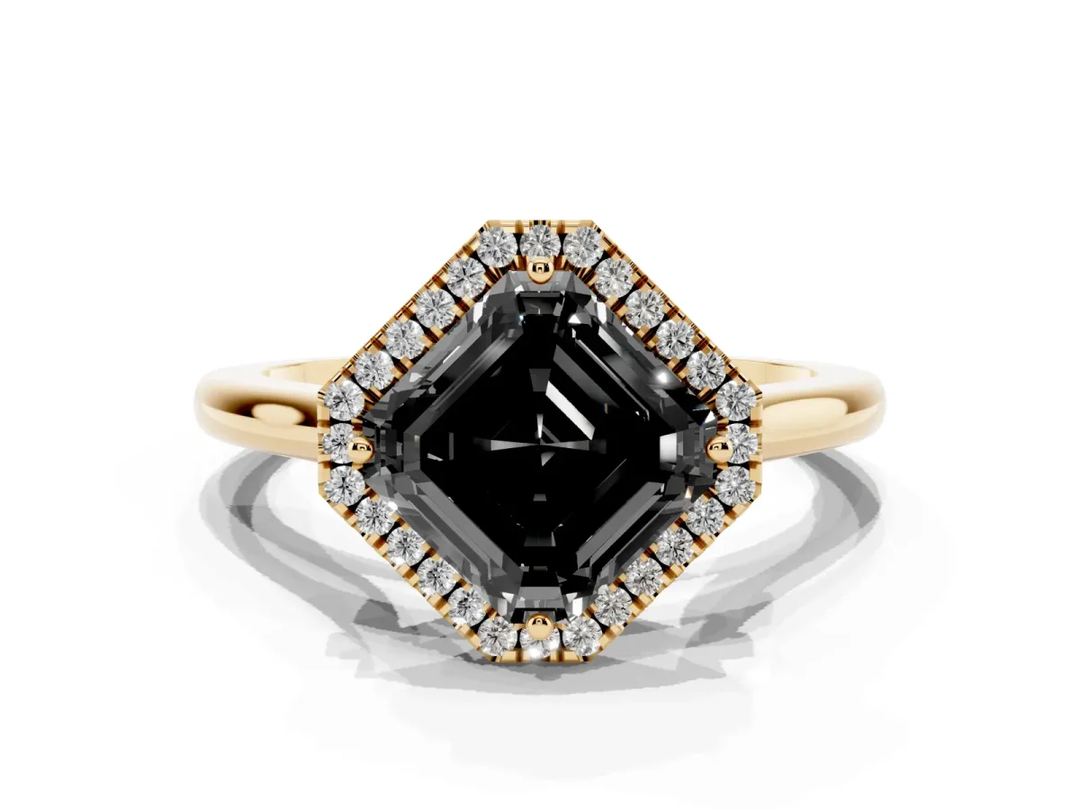 Fancy Black Asscher Cut Halo Round Diamond Solitaire Engagement Ring with Pave Band and Four-Prong Setting Yellow gold